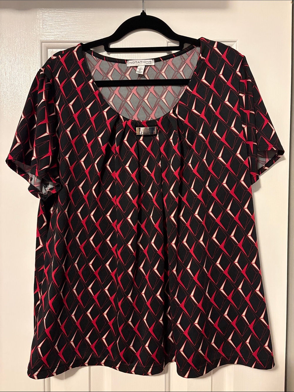 Notations Black Top with Red Geometric Print